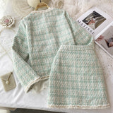 2 Piece Sets Women Korean Vintage Temperament Elegant Long Sleeve Button Tweed Short Jacket High Waist Bodycon Skirt
