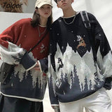 Hip Hop Snow Mountain Deer Embroidered Christmas Sweater Women Warm Winter Knitted Pullover Vintage Kawaii Fashion Big