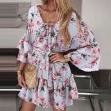 Bohemian Women Floral Printed Dress 2022 Celmia Summer Lace Up V Neck Beach Party Mini Vestidos Elegant Flared Sleeve