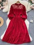 Autumn Vintage Women Lace Party Dress Elegant Round Neck Lantern Sleeve High Waist A-Line Vestidos Red/White/Black Robe New