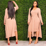 2 Piece Set Women Sleeveless U-Shaped Neck Ribbed Dress With Belt Long Sleeve Coat Elegant Fashion Knitted Two Piece