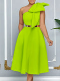 Large-Size Women's Summer New Fashion Slanted Shoulder Bow Banquet Dress African