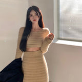 Autumn Winter Women's Suits with Skirt Vintage Fashion Velvet Knitted Shirt Dress Sets Women Short Sweater Top 2-piece