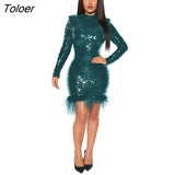 Dresses Sparkly Sequin Feather Party Vestidos Chic Sparkly Y2k Outfit O-neck Turtleneck Dress For Womens Long Sleeve