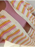 Spring And Summer New Women's Explosive Wool Jersey Collar Striped Short-Sleeved Shorts