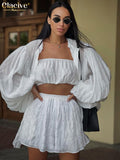Casual Loose White Three Piece Sets Womens Outifits Fashion Long Sleeve Shirts + Tube Top Matching High Waist Shorts