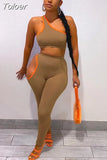 Color Fitness 2 Piece Workout Sets 2023 Woman One Shoulder Sleeveless Tank Crop Top and Side Cut Out Skinny Legging