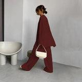 Crepe Split Wide Leg Pants Set Women Elegant Loose Long Sleeve O-Neck Top Pants Suit Female 2022 Spring Lady Fashion