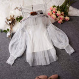 New Fashion autumn Women's Sweet Beads Bubble Sleeve Pearls Button Gauze Blouses Ladies Elegant Mesh Shirt Blusas