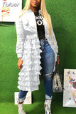 Mesh Cascading Ruffles Extra-long Coat for Women Zipper Up Long Sleeve Slim Jackets Autumn Winter High Waist