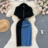 Port Style Retro Denim Dress Girl Design Bump Color Splicing In The Long Short-Sleeved Temperamental