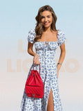 party Puff Sleeve High Split Floral Print Dress Summer Women Flroal Printed Ruched Party Maxi Dress Drawstring Sexy Vestidos