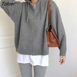 Korean Hooded Knit Cardigan Women 2023 Winter Long Sleeve Zipper Up Sweater Coats Women Solid Color Loose Cardigans