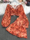 New Summer Fashion All-match V-neck Lantern Sleeve short Shirt + high waist slim floral Skirt 2-piece