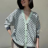 Free Shipping V-Neck Lantern Long Sleeve Cardigan Women Knitted Printed Oversized Sweater 2022 Fall New Single-Breasted