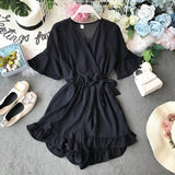 Ruffled Women Playsuits Elastic High Waist Bow Female Jumpsuit Romper Butterfly Sleeve Short Overalls for