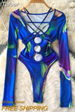 Fashion Women Tie Dye Print Bodysuits New Spring Summer Strappy Lace-up Hollow Out Long Sleeve Slim Bodysuits Body