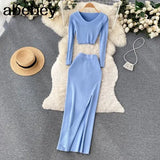 Autumn Fashion Two Pieces Suits V Neck Mini Top+ Hight Waist Slim Long Dress Women Streetwear Solid Knitted