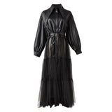 Loose Fit Black Mesh Big Size Long Pu Leather Jacket New Lapel Long Sleeve Women Coat Fashion Spring Autumn 2023