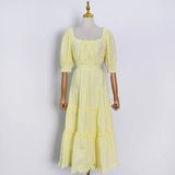 TWOTWINSTYLE Solid Summer Dress For Women Round Neck Puff Sleeve High Waist Minimalist Ruched Midi Dresses Female Clothing