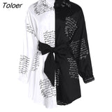 Spring Summer Women Casual Mini Dress Office Lady Letter Print Colorblock Long Lantern Sleeve Bandage Shirt Dress With