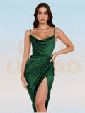 party Dress Women Midi Satin Dress Split Adjustable Strap Ruched Cowl Neck Asymmetrical Zipper Party Dress Elegant Sexy Woman