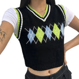Style y2k Knitted Pullover Crop Tops Women Vintage Argyle Aesthetic Top Strawberry Print Harajuku Tank