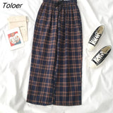 Pants Women Elastic Waist Plaid Wide Leg Trousers Womens Students Simple Chic Trendy Office Lady All-match Harajuku