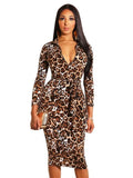 Leopard Print Zipper Long Sleeves Midi