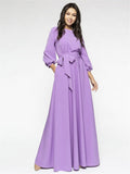 Women Elegant Long Dress O Neck Long Sleeve Lacing Full Length Dress Simple Solid Office Lady Party Night Evening Dress