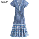 V-Neck Short Sleeve Summer Dress Floral Printed Bohemian Maxi Dresses Casual Beach Women Clothing 2023 Female