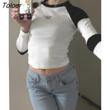 Y2K Streetwear Blakc White Patchwork Full Sleeve T-shirts Women Basic Slim Sweet Preppy Style Crop Tops Vintage