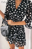 Ladies Casual Ruffle Chiffon Mini Dress Spring Long Flare Sleeve V Neck Sweet Print Elegant Office Evening Party