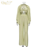 Green Blouse Crop Top 3 Piece Pants Set Women Fashion Wide Trouser Suits Female Casual Loose High Waist Pants