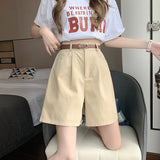 Casual Solid Color Cargo Pants A-Word Wide Leg Pants Five Split Pants With A Belt-Outfit