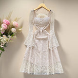 High-End Heavy Industry Nail Drill Three-Dimensional Flower Square Collar Horn Sleeves To Close The Waist Hollow Lace Dress