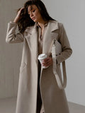 Women Autumn Woolen Long Sleeve Coat Lapel Lace-up Office Lady Long Jackets Female Elegant Windbreaker Thicken Streetwear