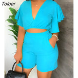 Piece Sets Womens Outifits Summer Lounge V-Neck Flutter Sleeve Crop Top & Shorts Set Fashion Multicolor Casual