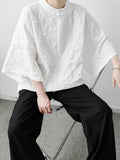 Women White Jacquard Big Size Blouse New Stand Collar Three-quarter Sleeve Shirt Fashion Tide Spring Autumn 2023