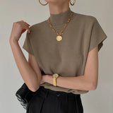 Sleeve Knitted Vest Office Lady Loose Elegant Fashion New Vest Shirt Solid Stand-up Collar Straight Tops Summer