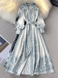And Autumn Dress Retro Court Style Lapl Lantern Sleeve Print Dress Women's Single Buckle Large A-Word Over Knee