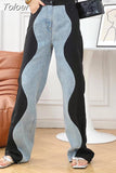 Fashion Women's Jeasn New High Waist Black Blue Wave Spliced Straight Tube Wide Leg Denim Pants Tide Autumn 2023