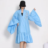Vintage Loose Dress For Women V Neck Flare Sleeve High Waist Embroidered Midi Dresses Female Summer Clothing
