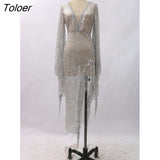 Dress Fashion Tassel Silver Gown Birthday Party Ladies Wear Sequin Sparkly Sexy Slit Womens Dresses Elegant