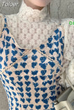 Temperament Women 2 Piece Set Turtleneck Hollow Out Sweet Tops Slim Waist Sling Bodycon Dresses Suit Roupas Femme Chic