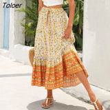 Boho Retro Floral Print Skirts Women 2023 Summer High Waist A-Line Pleated Long Skirts Casual Holiday Beach