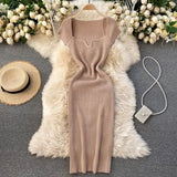 Spring Summer Dress Knitted Solid Sqaure Neck Sexy Bodycon Dresses for Women Stretch Vestidos Short Sleeve