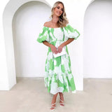 Spring And Summer Temperament Elegant Print Shoulder Bubble Sleeve Fashion