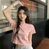 Toloer Hot Girl Crop Short Style Student Jacket 2024 Summer New Short Sleeve Embroidery Wooden Ear Slim T-Shirt Female
