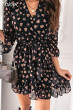 Ladies Casual Ruffle Chiffon Mini Dress Spring Long Flare Sleeve V Neck Sweet Print Elegant Office Evening Party